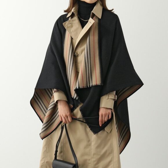 Burberry Icon stripe Solid Reversible Wool Cape Black US OS - Picture 7 of 8